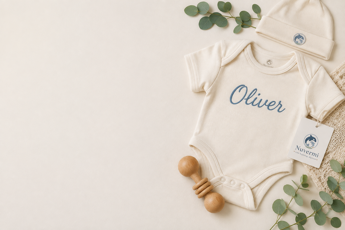 Flat lay of personalized Nuvermi baby pieces