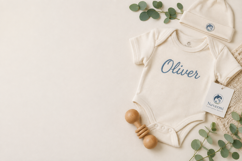 Flat lay of personalized Nuvermi baby pieces