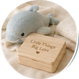 Wooden keepsake box with a plush whale