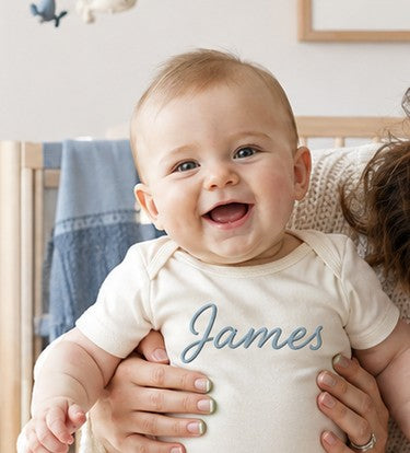 Baby in a personalized Nuvermi bodysuit