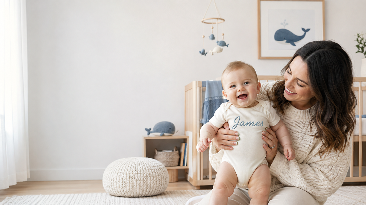 Baby wearing a personalized Nuvermi bodysuit
