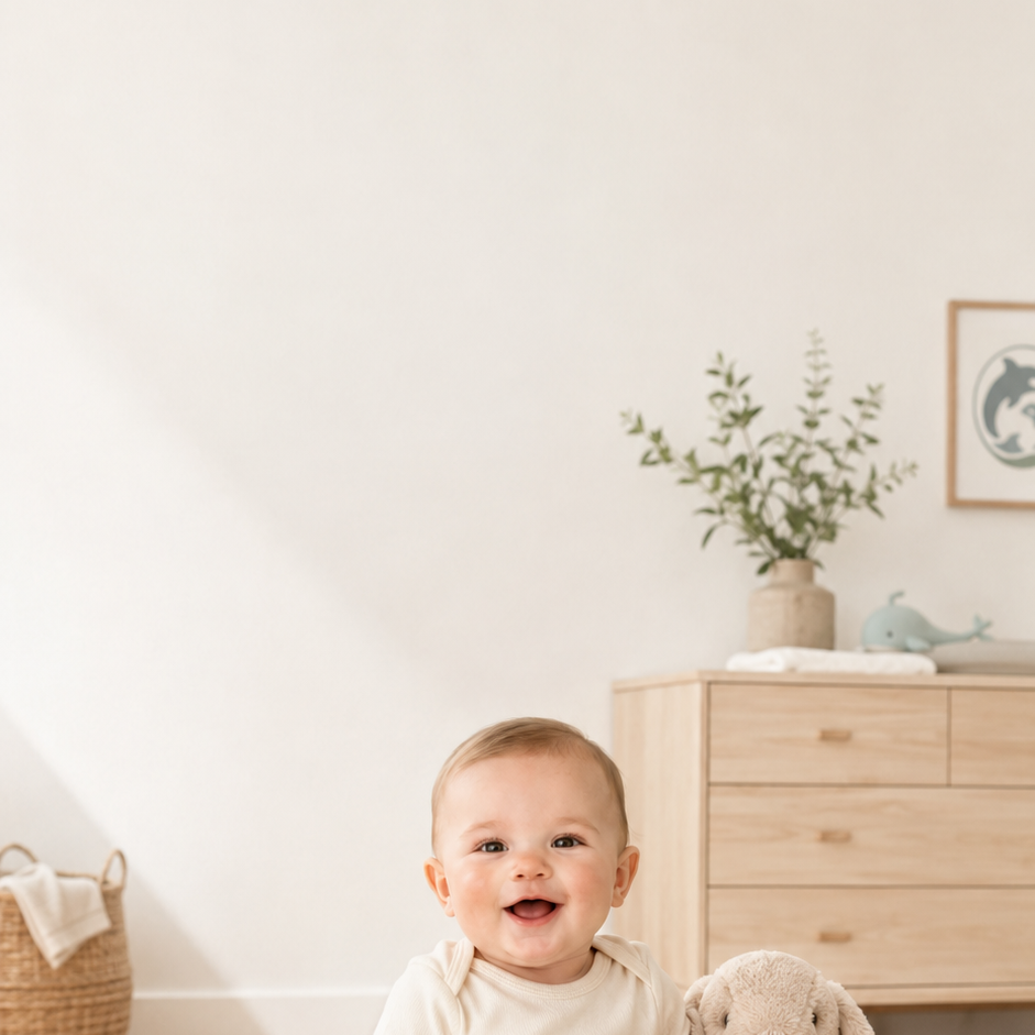 Baby sitting on a nursery rug beside a plush bunny