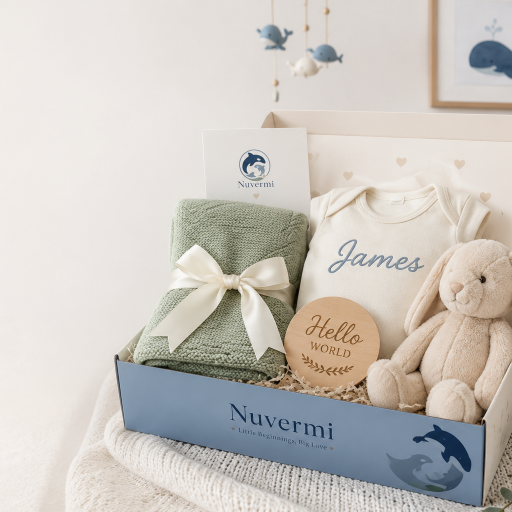 Nuvermi gift box containing a sage knit blanket, personalized bodysuit, plush bunny and Hello World wooden disc