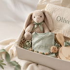 Open gift box with a plush bunny, personalized knit blanket, bodysuit and wooden keepsakes