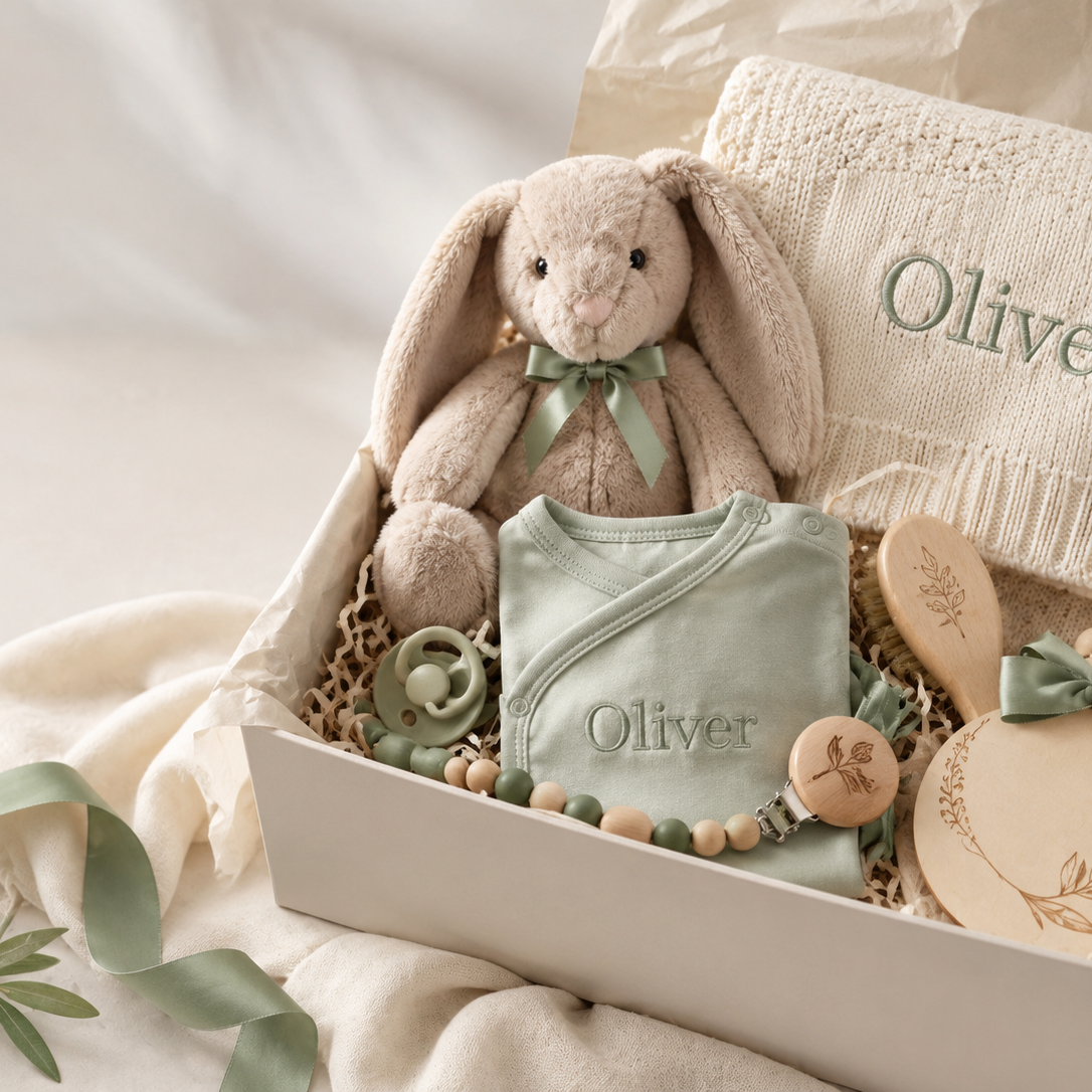 Open gift box with a plush bunny, personalized knit blanket, bodysuit and wooden keepsakes
