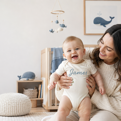 Mother holding a smiling baby wearing a personalized bodysuit embroidered with the name James