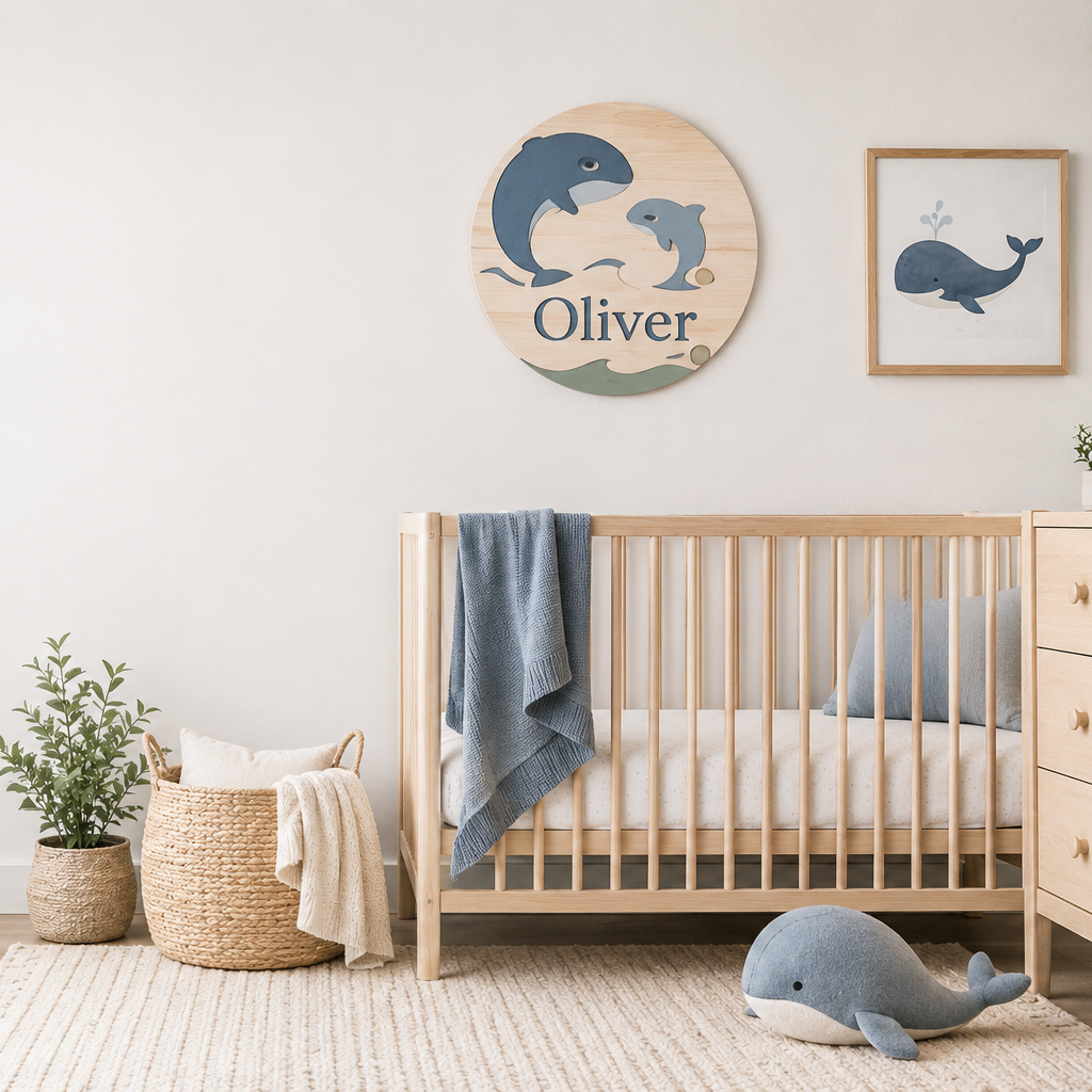 Personalized round wooden name sign and framed whale print above a wooden crib