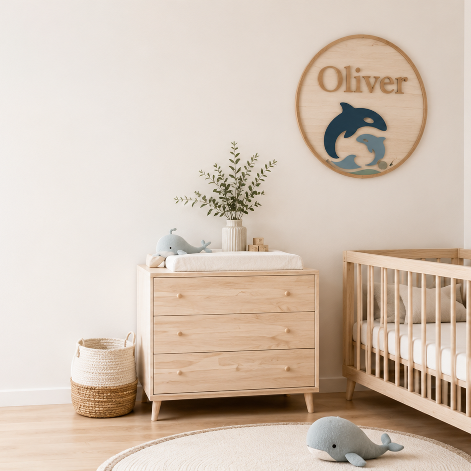 Nursery styled with a personalized wooden name sign, dresser and crib
