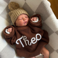 Personalized name knit sweater in chocolate brown embroidered Theo