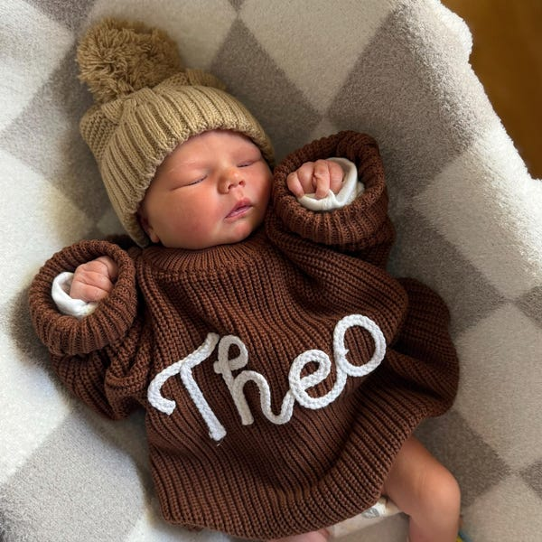 Personalized name knit sweater in chocolate brown embroidered Theo
