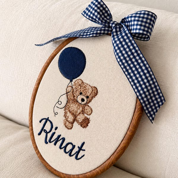 Teddy bear keepsake hoop with a navy gingham bow