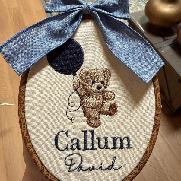 Embroidered teddy bear and balloon keepsake hoop with the name Callum David
