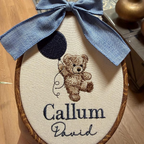 Embroidered teddy bear and balloon keepsake hoop with the name Callum David