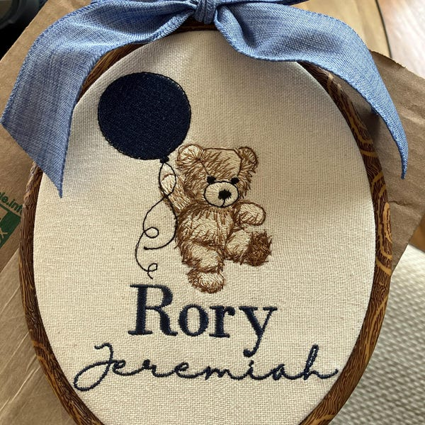 Teddy bear keepsake hoop with a first and middle name embroidered