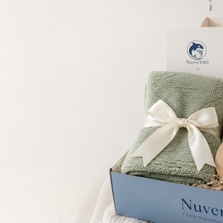 Sage green personalized knit baby blanket folded with a cream ribbon in a Nuvermi gift box