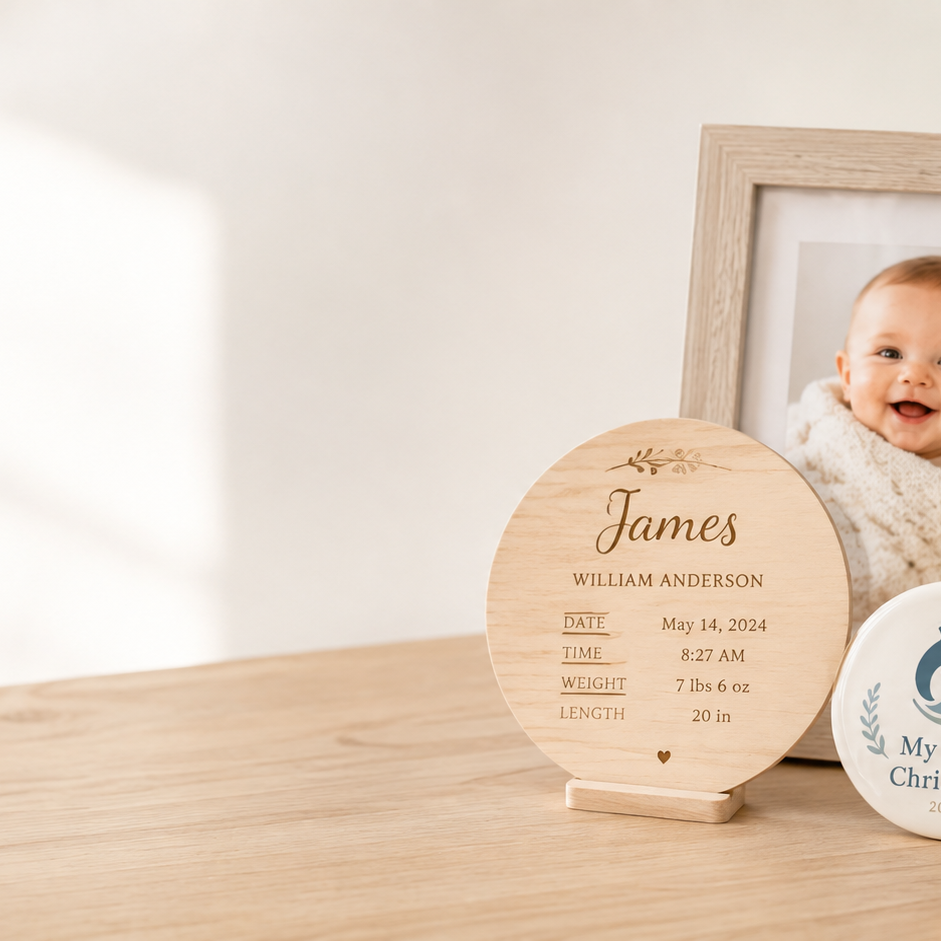 Engraved wooden birth announcement disc with baby name, date and birth stats, beside a framed photo