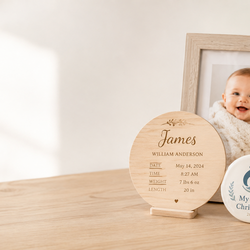 Engraved wooden birth announcement disc with baby name, date and birth stats, beside a framed photo