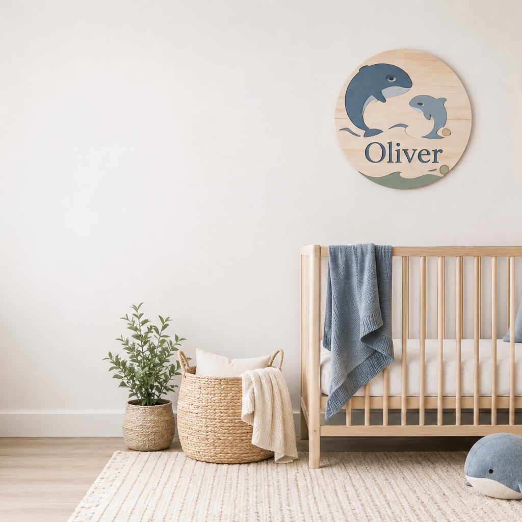 Round engraved wooden nursery name sign with a whale illustration, hanging above a wooden crib